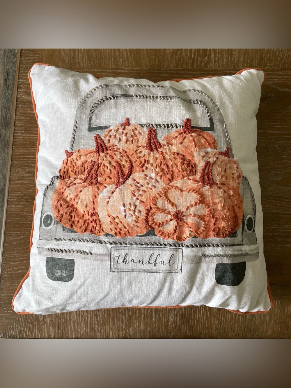 Fall/Thanksgiving Truckload of Pumpkins Throw Pillow With Embroidered Effects